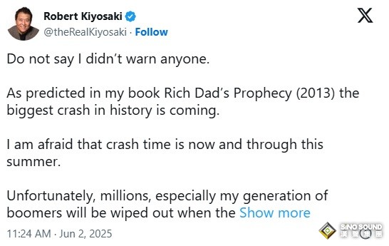 《富爸爸》作者清崎警告“史上最大崩盤”即將來臨 目前最超值的資產是TA